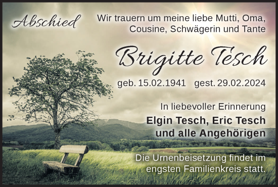 Traueranzeige von Brigitte Tesch von Märkische Oderzeitung