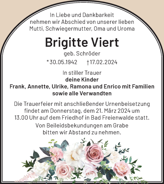 Traueranzeige von Brigitte Viert von Märkische Oderzeitung