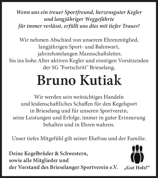 Traueranzeige von Bruno Kutiak von Märkische Oderzeitung