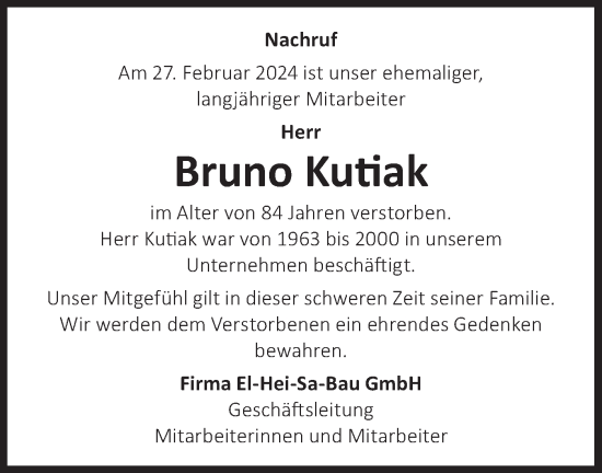 Traueranzeige von Bruno Kutiak von Märkische Oderzeitung