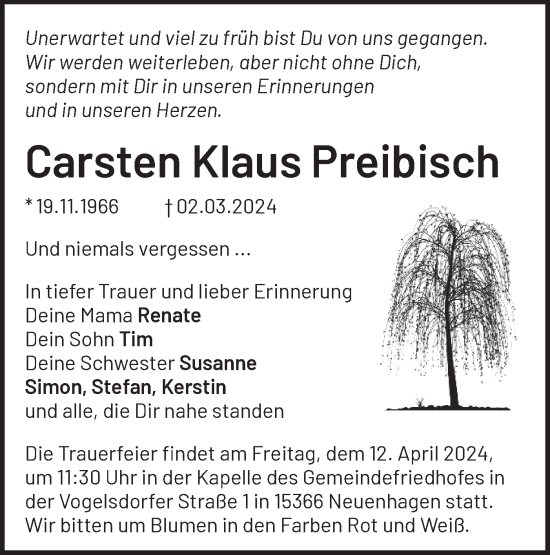 Traueranzeige von Carsten Klaus Preibisch von Märkische Oderzeitung
