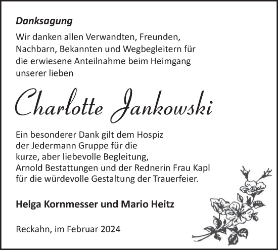 Traueranzeige von Charlotte Jankowski von Märkische Oderzeitung