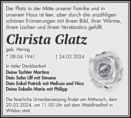 Traueranzeige von Christa Glatz von Märkische Oderzeitung