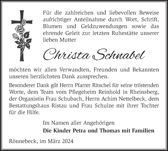 Traueranzeige von Christa Schnabel von Märkische Oderzeitung