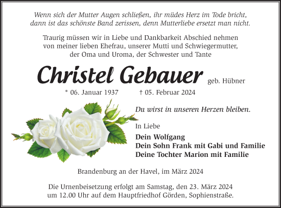 Traueranzeige von Christel Gebauer von Märkische Oderzeitung