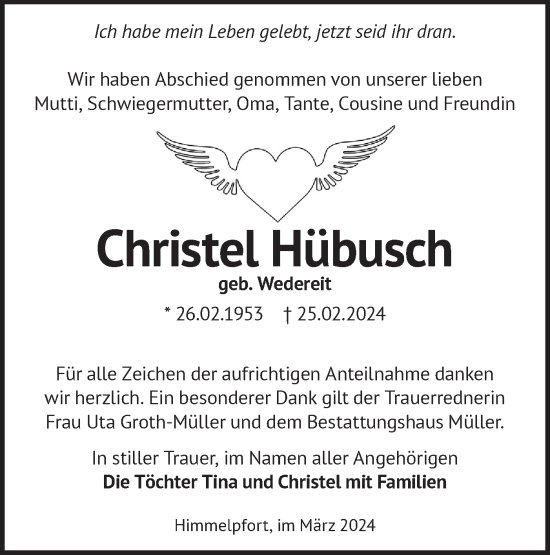 Traueranzeige von Christel Hübusch von Märkische Oderzeitung