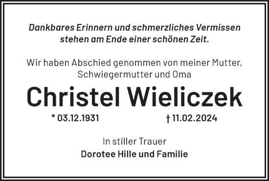 Traueranzeige von Christel Wieliczek von Märkische Oderzeitung