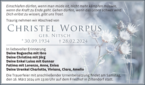 Traueranzeige von Christel Worpus von Märkische Oderzeitung