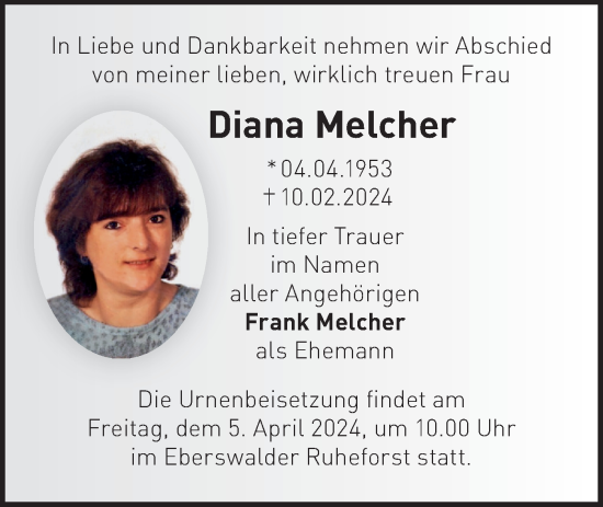Traueranzeige von Diana Melcher von Märkische Oderzeitung