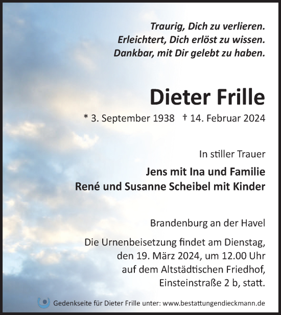 Traueranzeige von Dieter Frille von Märkische Oderzeitung