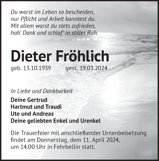 Anzeige Dieter Fröhlich