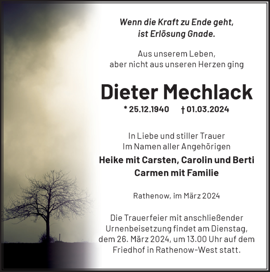 Traueranzeige von Dieter Mechlack von Märkische Oderzeitung