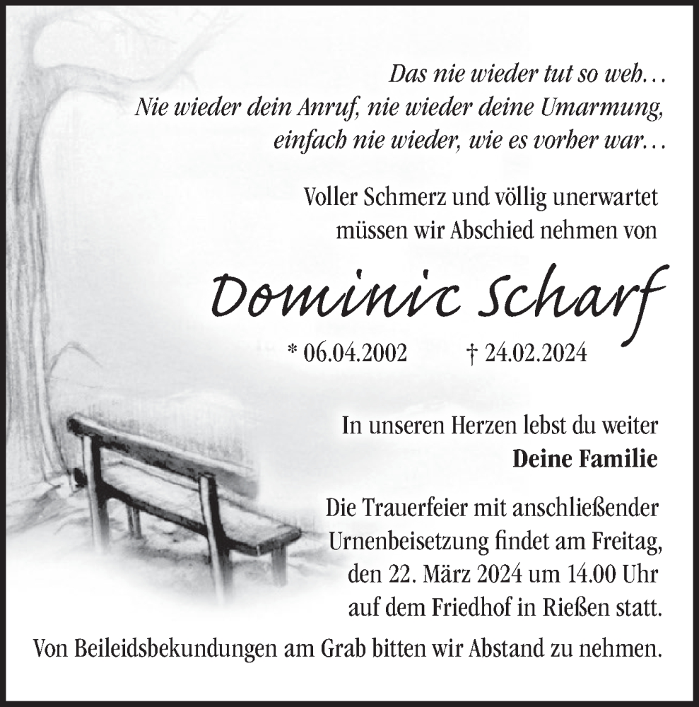  Traueranzeige für Dominic Scharf vom 16.03.2024 aus Märkische Oderzeitung