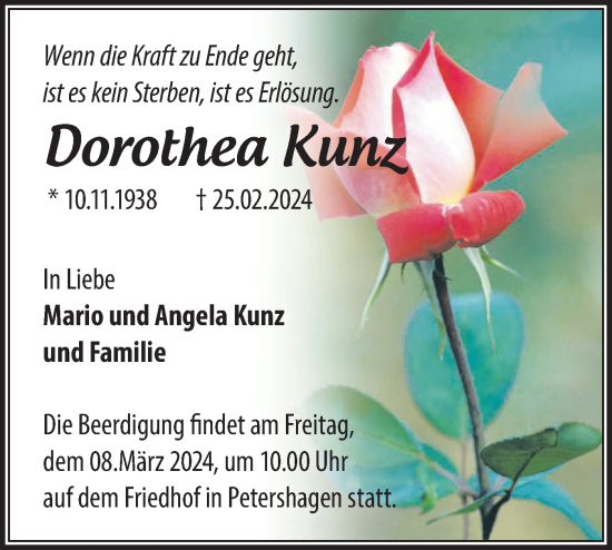 Traueranzeige von Dorothea Kunz von Märkische Oderzeitung