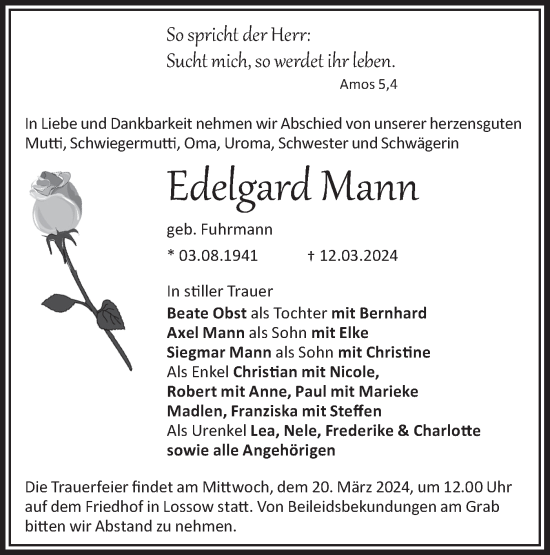 Anzeige Edelgard Mann