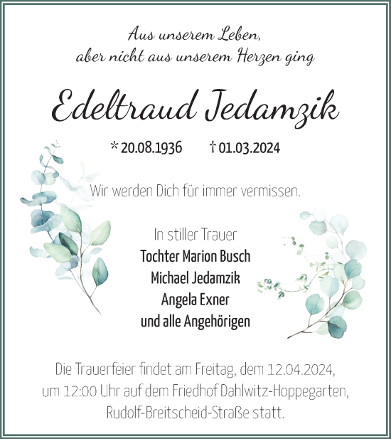 Traueranzeige von Edeltraud Jedamzik von Märkische Oderzeitung