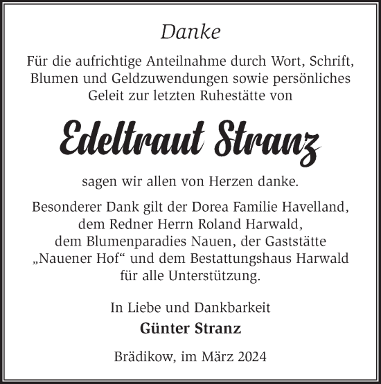 Traueranzeige von Edeltraut Stranz von Märkische Oderzeitung