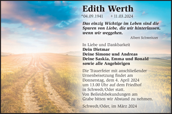Traueranzeige von Edith Werth von Märkische Oderzeitung
