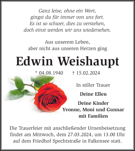 Traueranzeige von Edwin Weishaupt von Märkische Oderzeitung