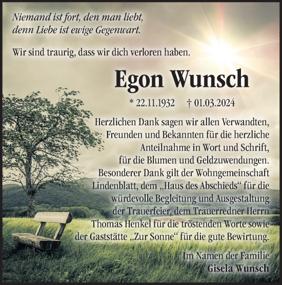 Traueranzeige von Egon Wunsch von Märkische Oderzeitung