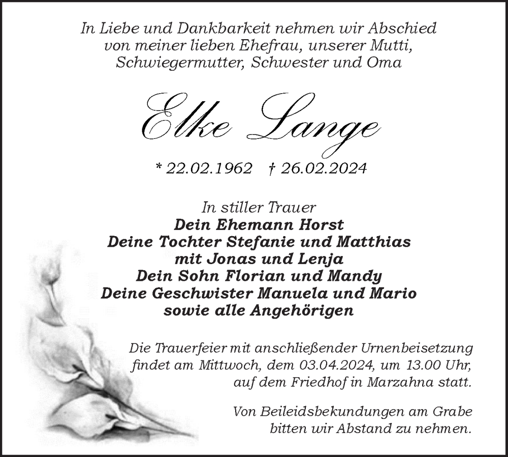  Traueranzeige für Elke Lange vom 09.03.2024 aus Märkische Oderzeitung