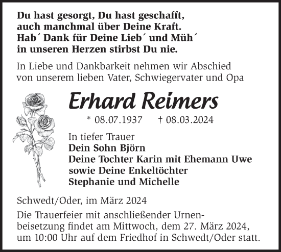 Traueranzeige von Erhard Reimers von Märkische Oderzeitung