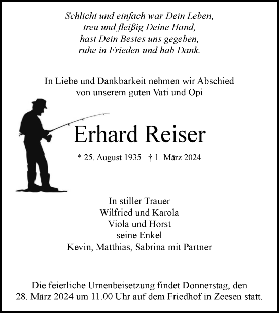Traueranzeige von Erhard Reiser von Märkische Oderzeitung