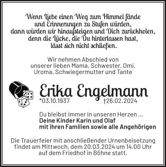 Traueranzeige von Erika Engelmann von Märkische Oderzeitung