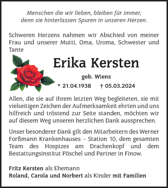Traueranzeige von Erika Kersten von Märkische Oderzeitung