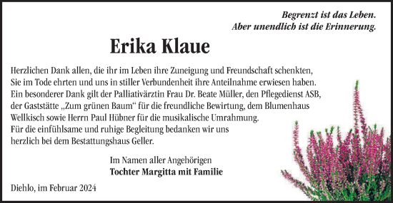 Traueranzeige von Erika Klaue von Märkische Oderzeitung