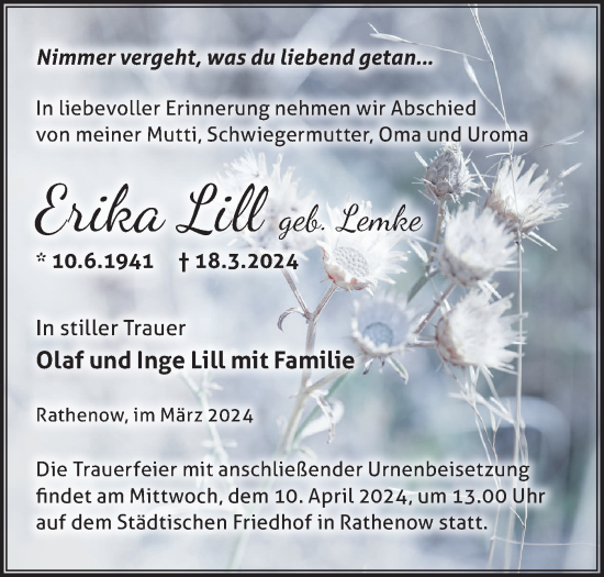 Traueranzeige von Erika Lill von Märkische Oderzeitung