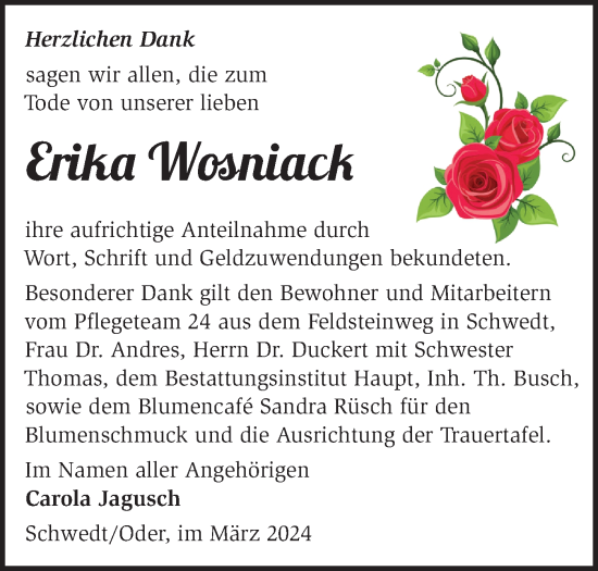 Traueranzeige von Erika Wosniack von Märkische Oderzeitung