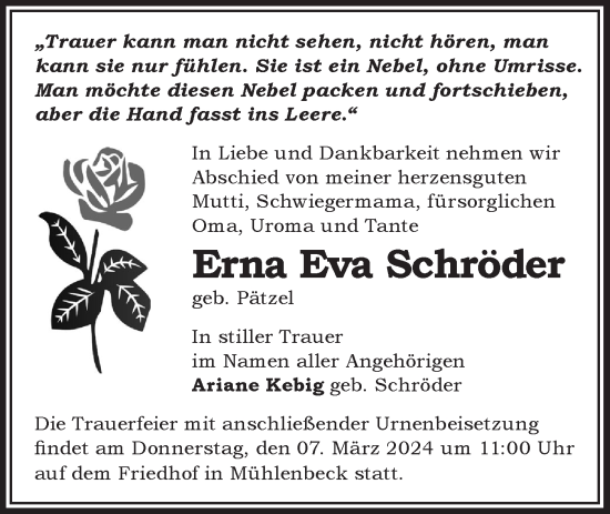 Traueranzeige von Erna Eva Schröder von Märkische Oderzeitung