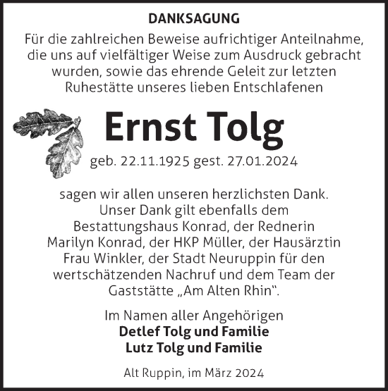 Traueranzeige von Ernst Tolg von Märkische Oderzeitung