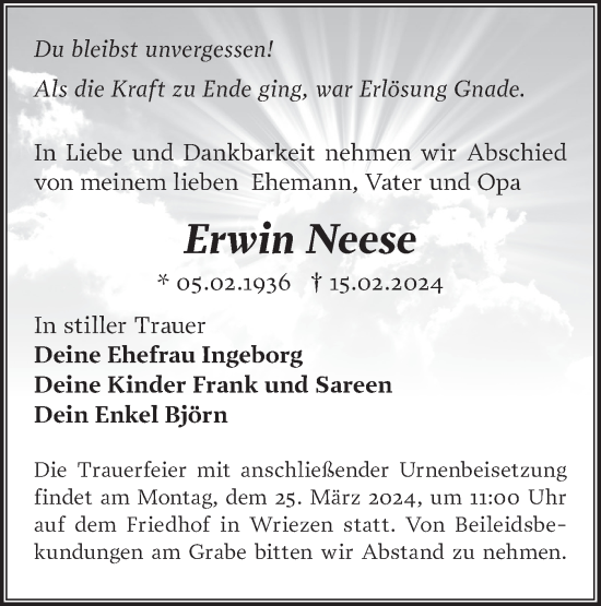 Traueranzeige von Erwin Neese von Märkische Oderzeitung