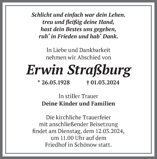 Traueranzeige von Erwin Straßburg von Märkische Oderzeitung