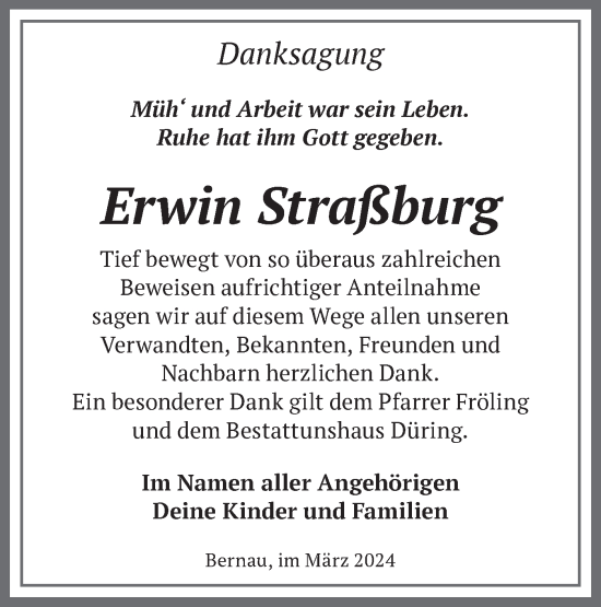 Traueranzeige von Erwin Straßburg von Märkische Oderzeitung
