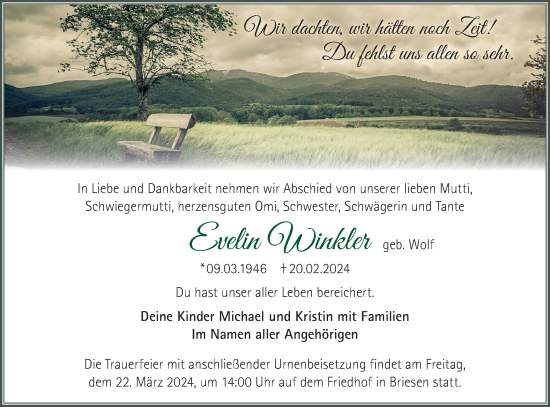 Traueranzeige von Evelin Winkler von Märkische Oderzeitung