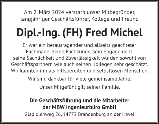 Traueranzeige von Fred Michel von Märkische Oderzeitung