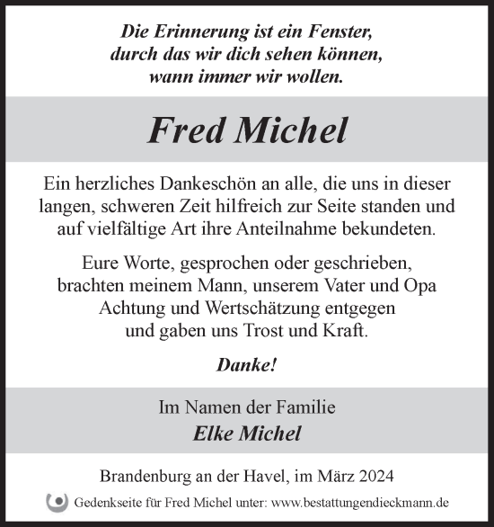 Traueranzeige von Fred Michel von Märkische Oderzeitung