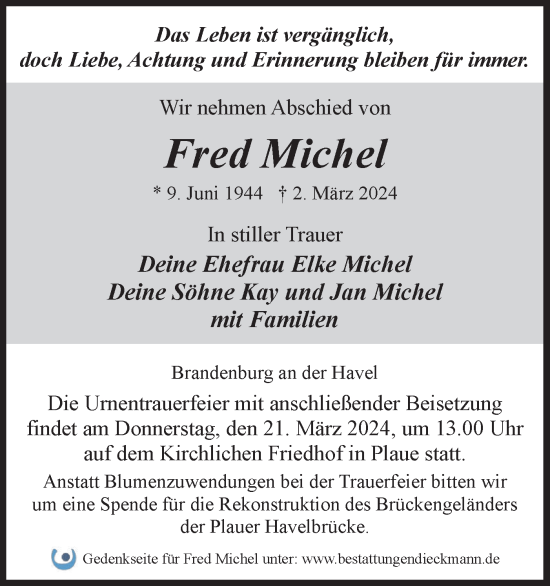 Traueranzeige von Fred Michel von Märkische Oderzeitung