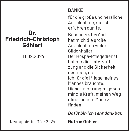 Traueranzeige von Friedrich-Christoph Göhlert von Märkische Oderzeitung