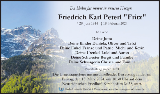 Traueranzeige von Friedrich Karl Peterl von Märkische Oderzeitung