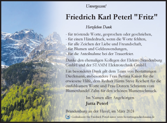 Traueranzeige von Friedrich Karl Peterl von Märkische Oderzeitung