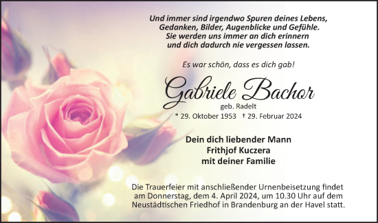 Traueranzeige von Gabriele Bachor von Märkische Oderzeitung