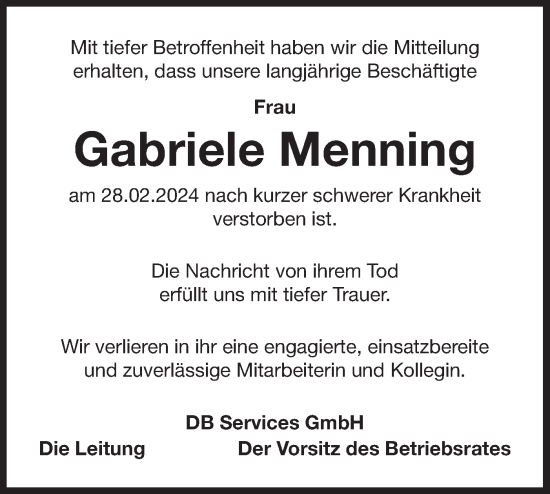 Traueranzeige von Gabriele Menning von Märkische Oderzeitung