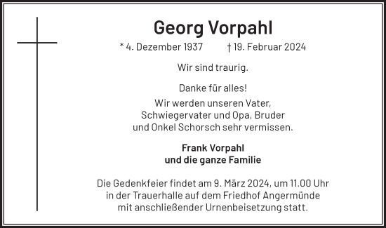 Traueranzeige von Georg Vorpahl von Märkische Oderzeitung