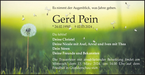 Traueranzeige von Gerd Pein von Märkische Oderzeitung