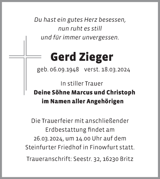 Traueranzeige von Gerd Zieger von Märkische Oderzeitung