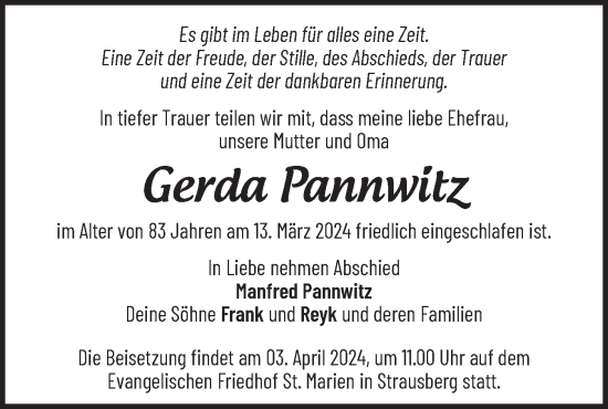 Traueranzeige von Gerda Pannwitz von Märkische Oderzeitung